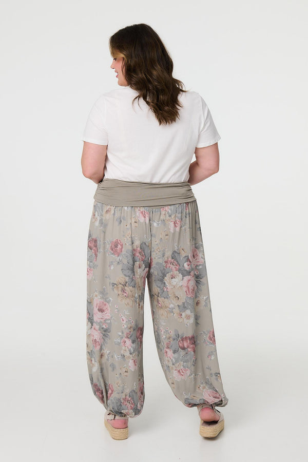 Brown | Floral Ruched Waist Harem Trousers