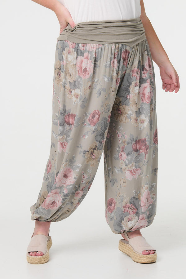 Brown | Floral Ruched Waist Harem Trousers