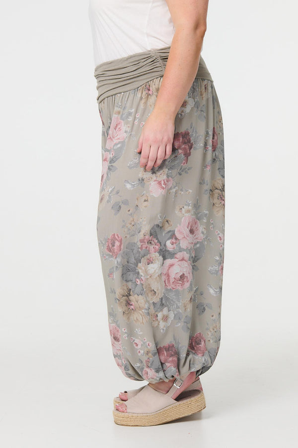 Brown | Floral Ruched Waist Harem Trousers