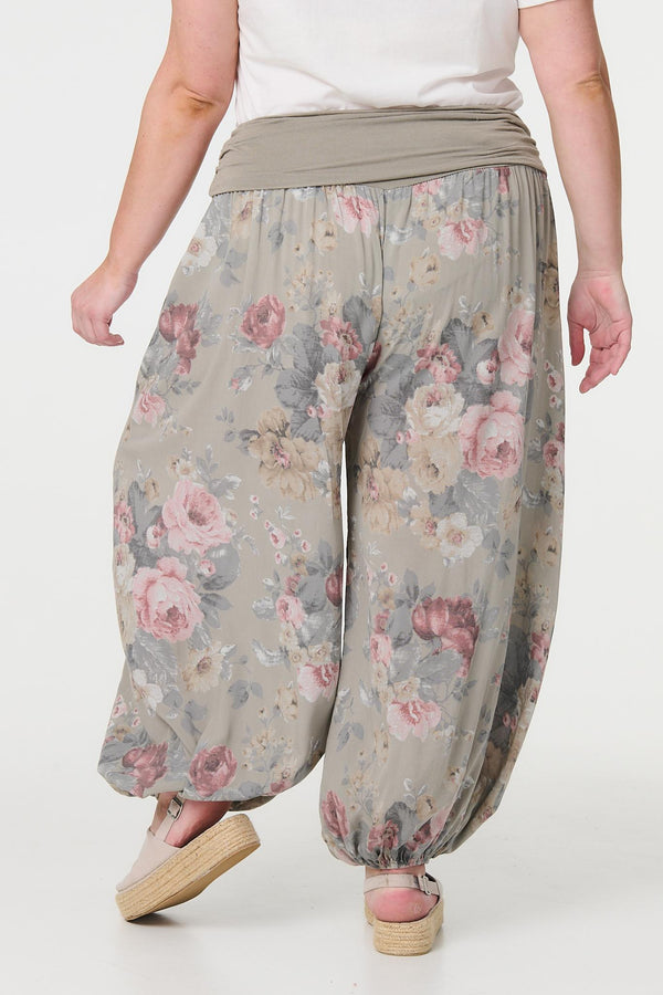 Brown | Floral Ruched Waist Harem Trousers