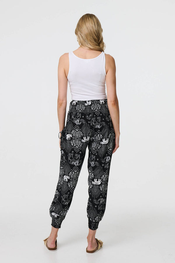 Black | Elephant Print Relaxed Harem Pants