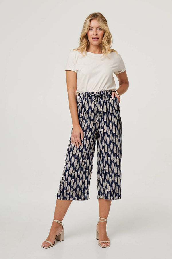 Navy | Leaf Print Cropped Wide Leg Trousers