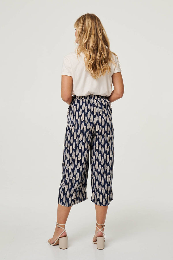 Navy | Leaf Print Cropped Wide Leg Trousers