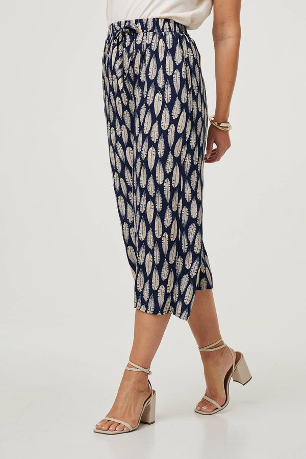 Navy | Leaf Print Cropped Wide Leg Trousers