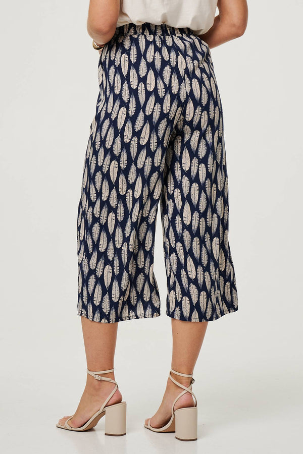 Navy | Leaf Print Cropped Wide Leg Trousers