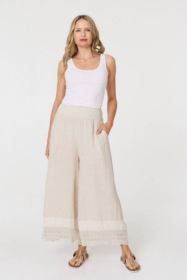 Beige | Sequin Embellished Wide Leg Trousers