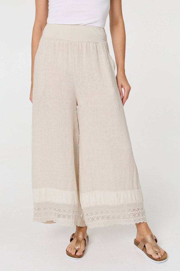 Beige | Sequin Embellished Wide Leg Trousers