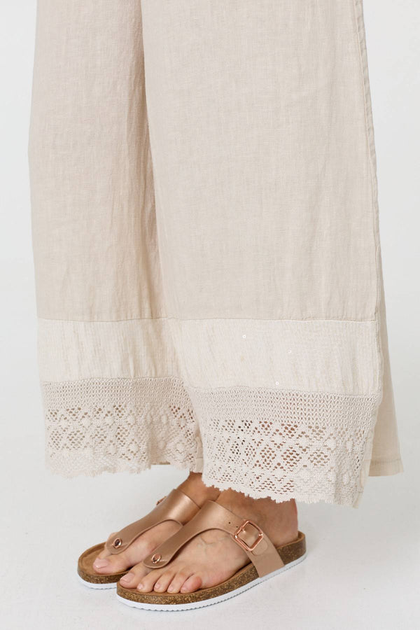Beige | Sequin Embellished Wide Leg Trousers