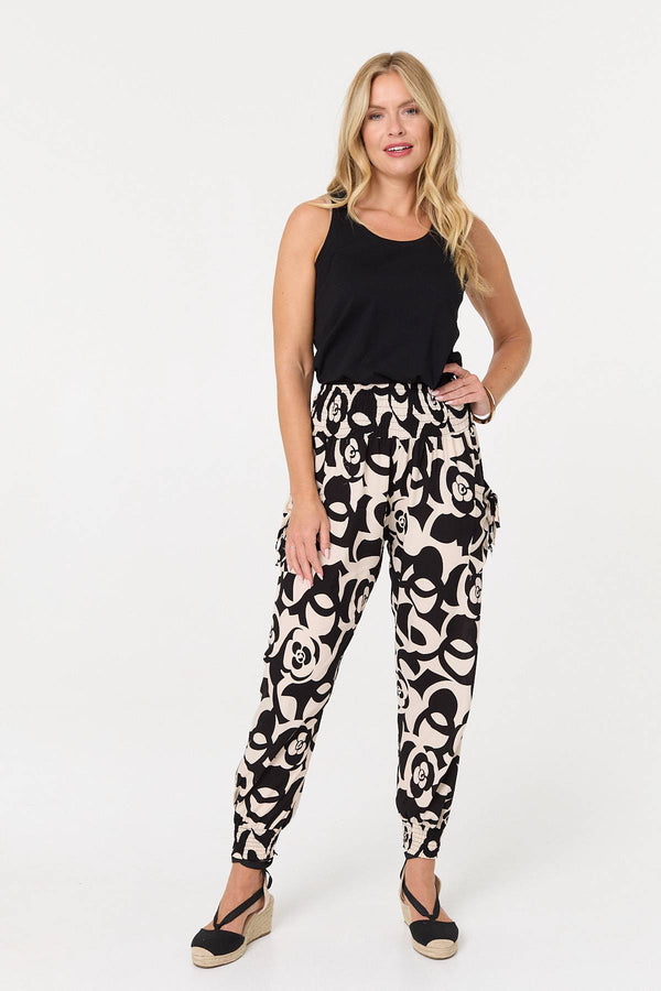 Black | Printed Shirred High Waist Harem Pants