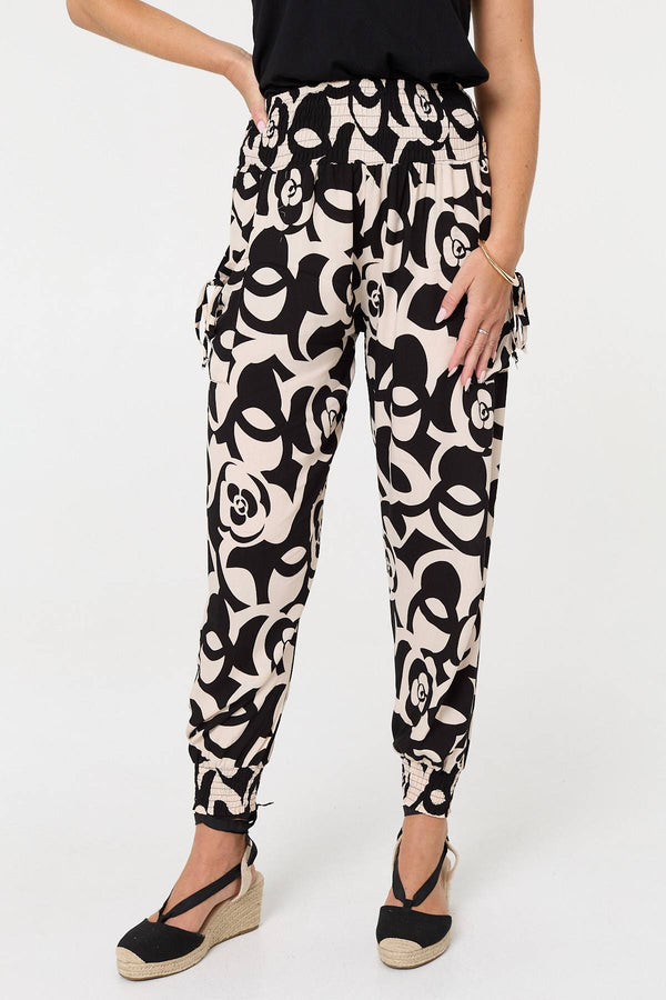 Black | Printed Shirred High Waist Harem Pants