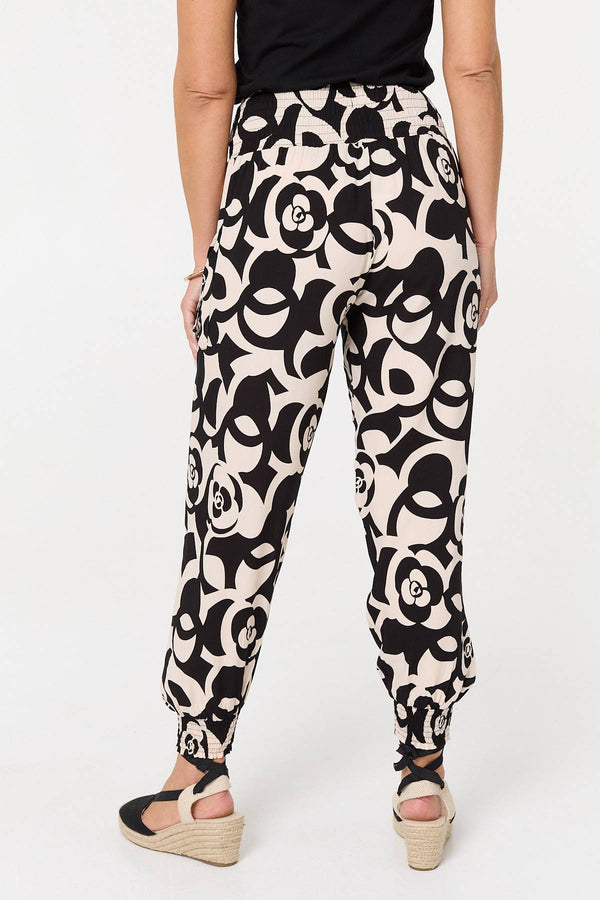 Black | Printed Shirred High Waist Harem Pants
