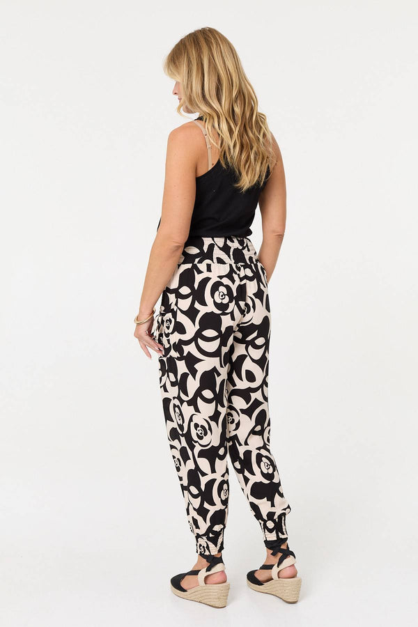Black | Printed Shirred High Waist Harem Pants