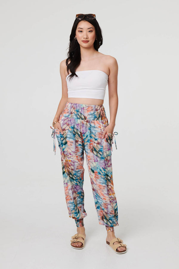 Blue | Printed High Waist Shirred Harem Pants