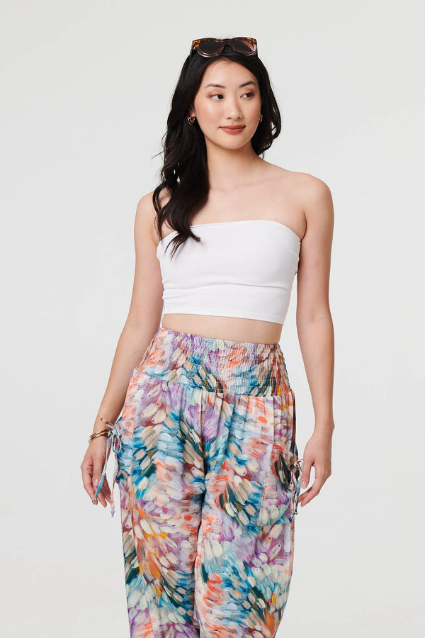 Blue | Printed High Waist Shirred Harem Pants