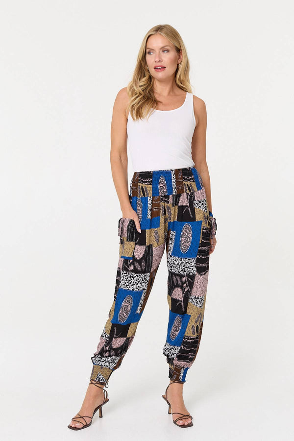 Blue | Patchwork Print Pocket Front Harem Pants
