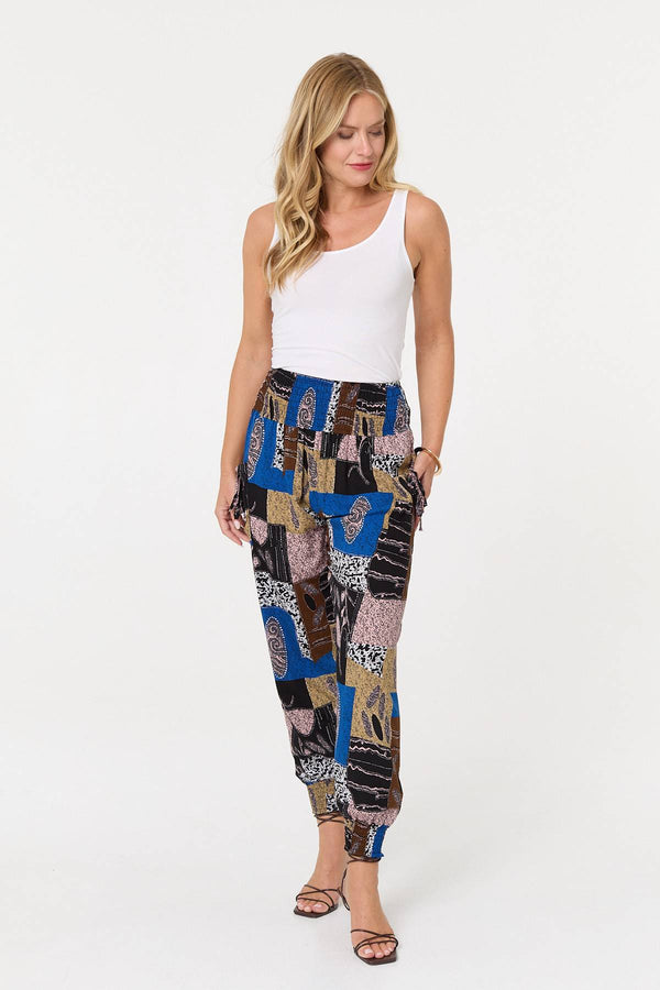 Blue | Patchwork Print Pocket Front Harem Pants