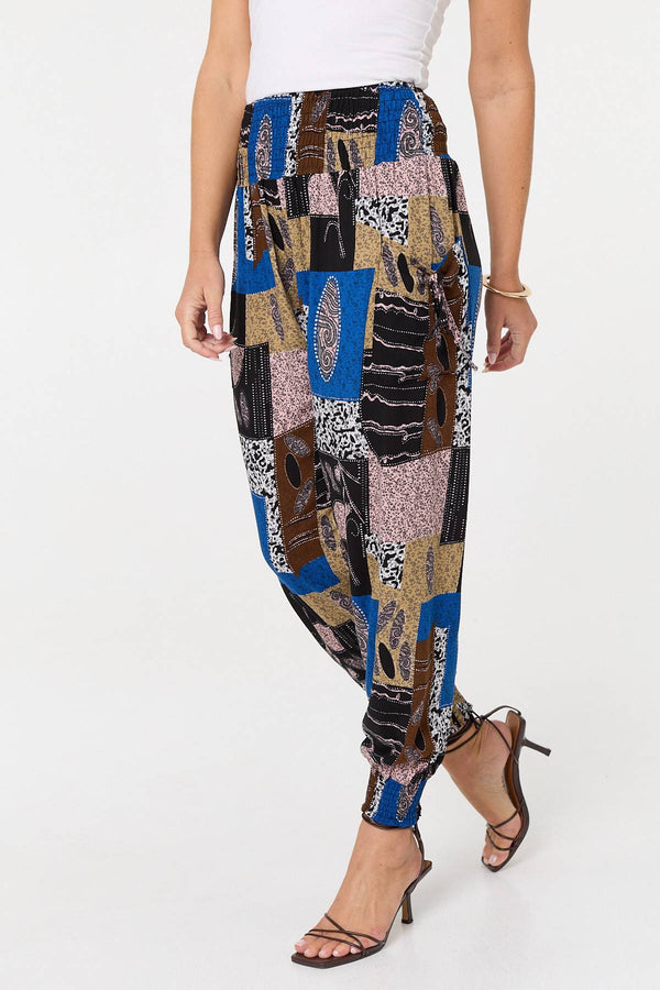Blue | Patchwork Print Pocket Front Harem Pants