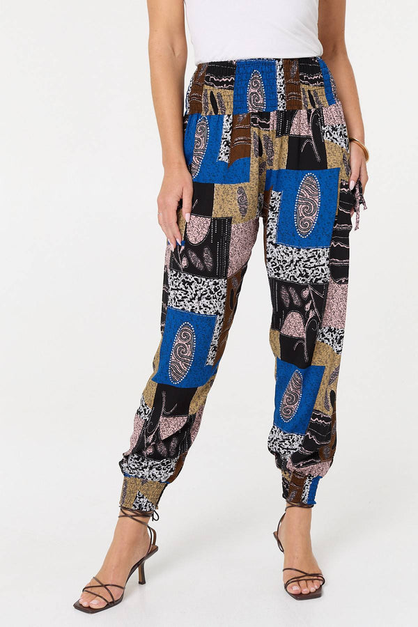 Blue | Patchwork Print Pocket Front Harem Pants