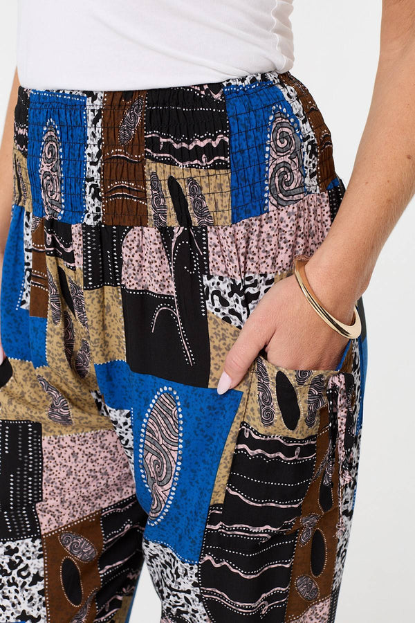 Blue | Patchwork Print Pocket Front Harem Pants