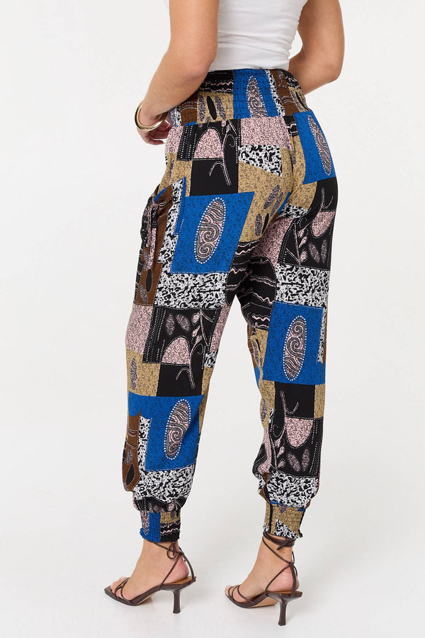 Blue | Patchwork Print Pocket Front Harem Pants