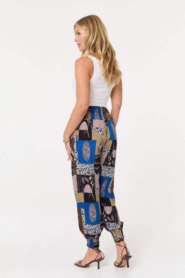 Blue | Patchwork Print Pocket Front Harem Pants