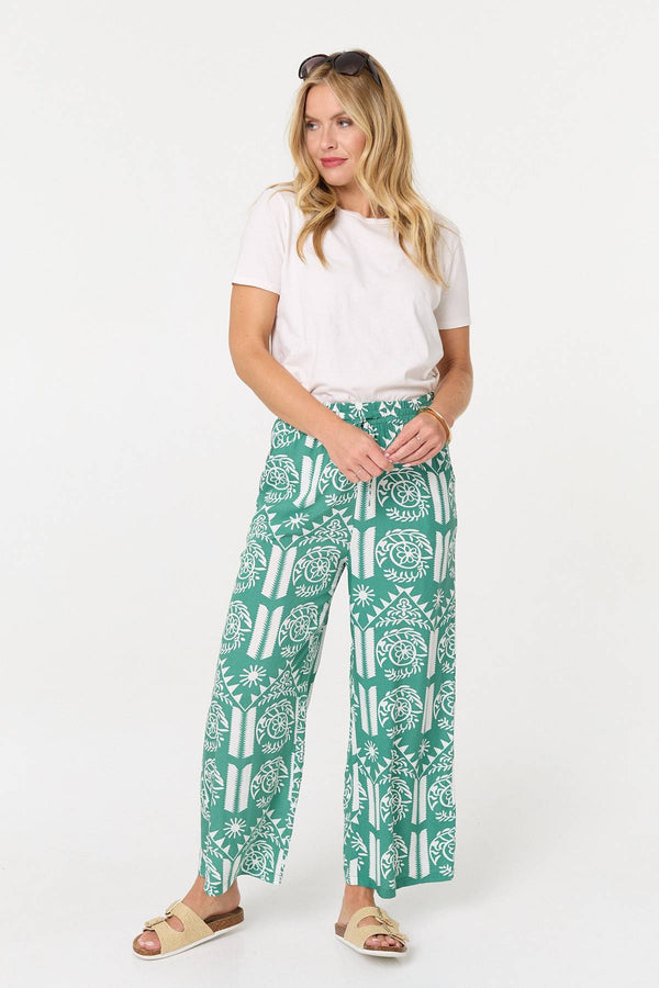 Green | Printed High Waist Wide Crop Trousers