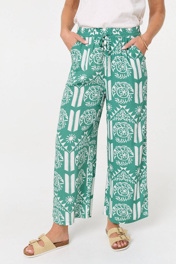 Green | Printed High Waist Wide Crop Trousers