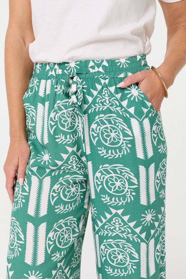 Green | Printed High Waist Wide Crop Trousers