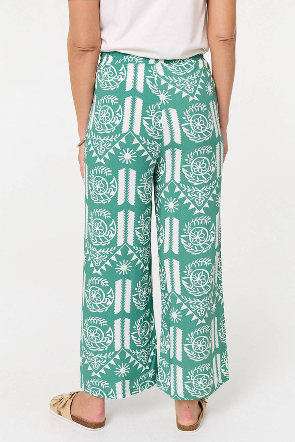Green | Printed High Waist Wide Crop Trousers