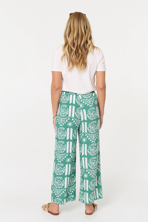 Green | Printed High Waist Wide Crop Trousers