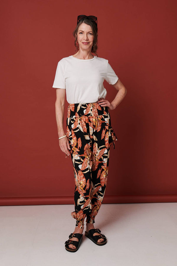 Orange | Leaf Print High Waist Tassel Harem Pants