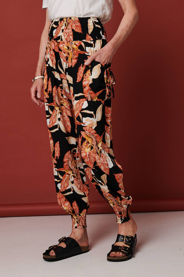 Orange | Leaf Print High Waist Tassel Harem Pants