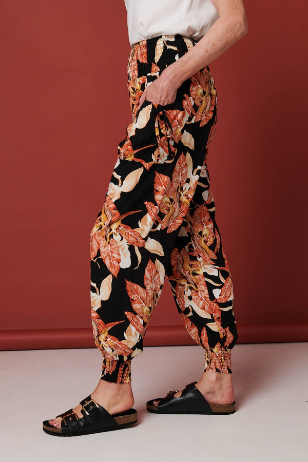 Orange | Leaf Print High Waist Tassel Harem Pants