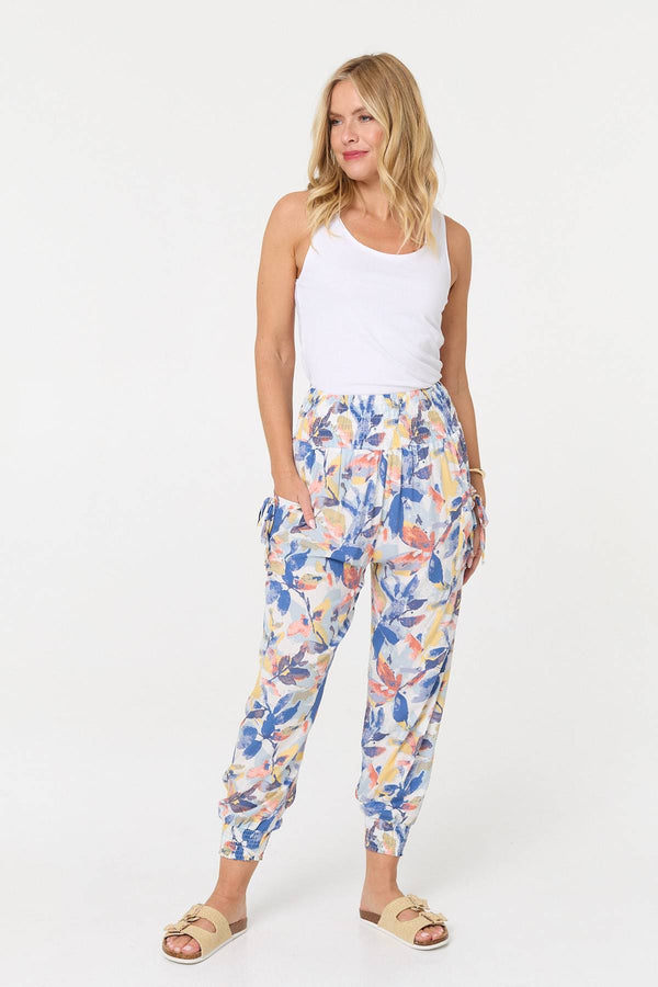 Blue | Leaf Print High Waist Harem Trousers