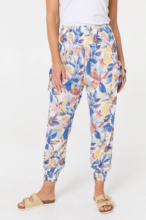 Blue | Leaf Print High Waist Harem Trousers