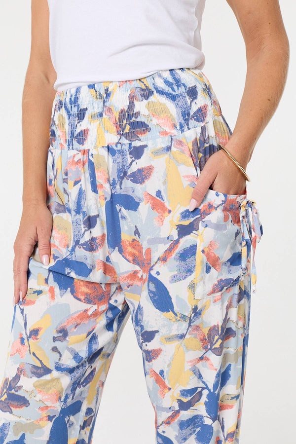 Blue | Leaf Print High Waist Harem Trousers