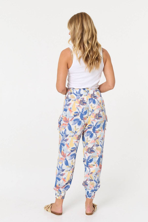 Blue | Leaf Print High Waist Harem Trousers