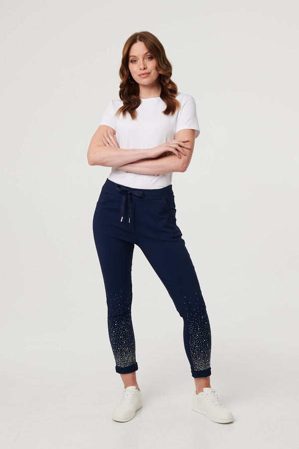 Navy | Diamante Detail Slim Cropped Trousers