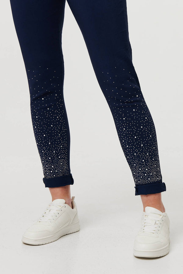 Navy | Diamante Detail Slim Cropped Trousers