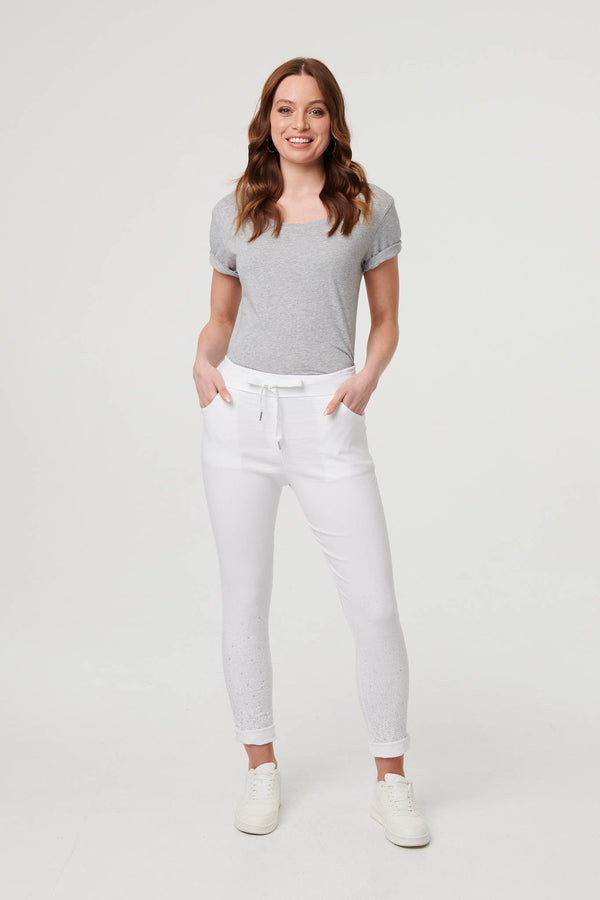 White | Diamante Detail Slim Cropped Trousers