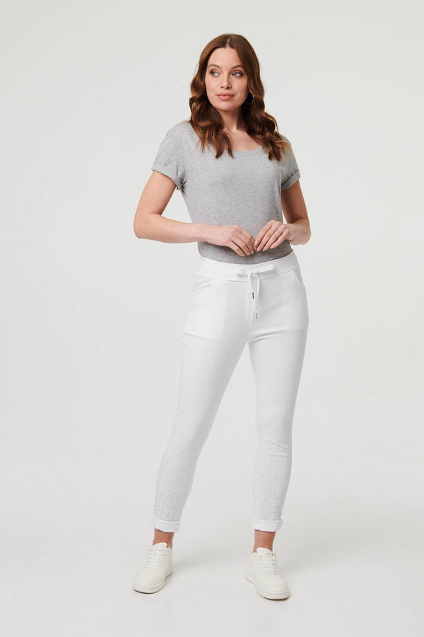White | Diamante Detail Slim Cropped Trousers