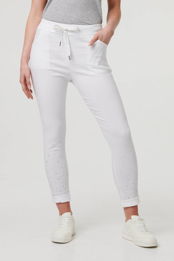White | Diamante Detail Slim Cropped Trousers
