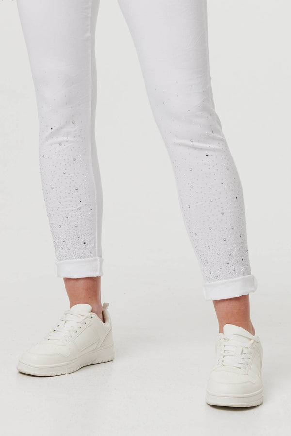 White | Diamante Detail Slim Cropped Trousers