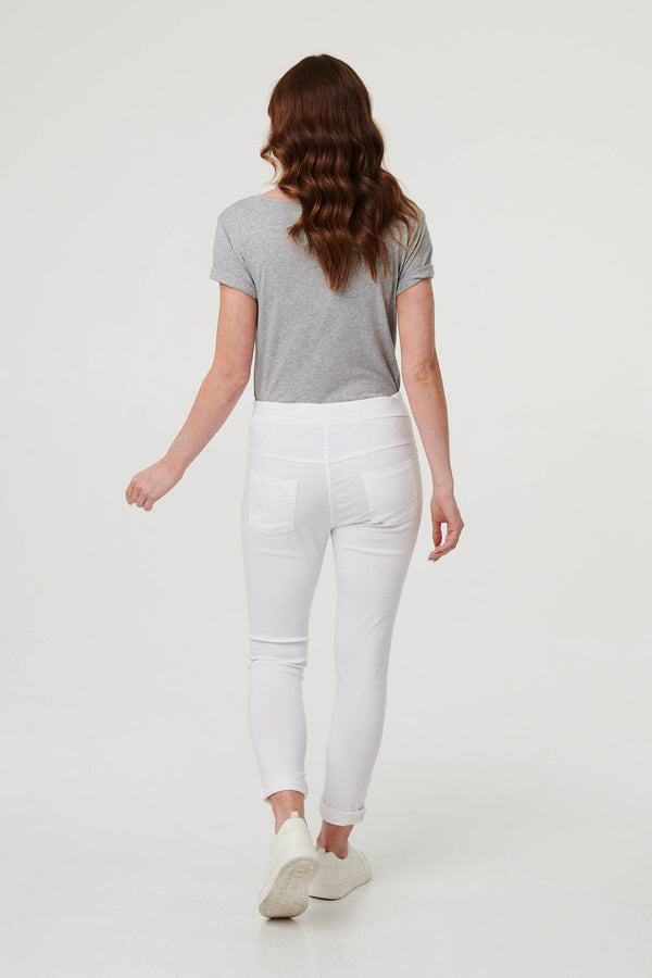 White | Diamante Detail Slim Cropped Trousers