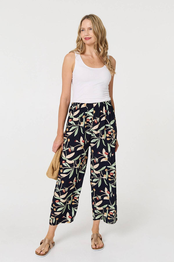 Navy | Leaf Print Tie Waist Wide Leg Trousers