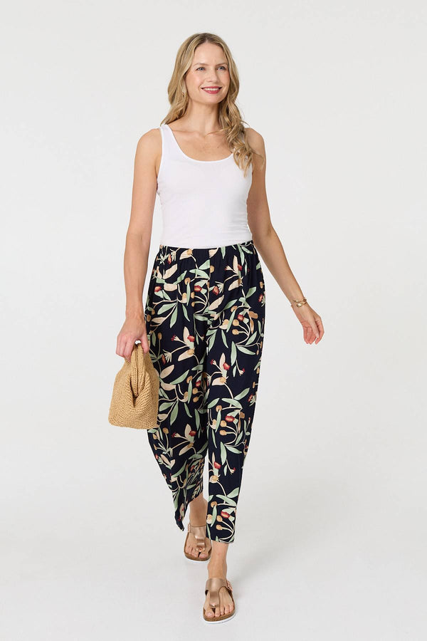 Navy | Leaf Print Tie Waist Wide Leg Trousers