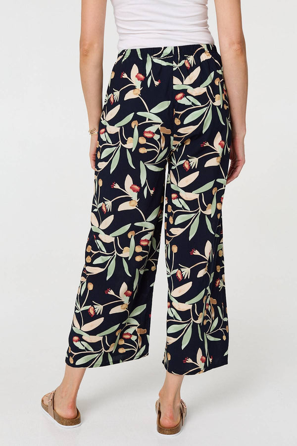 Navy | Leaf Print Tie Waist Wide Leg Trousers