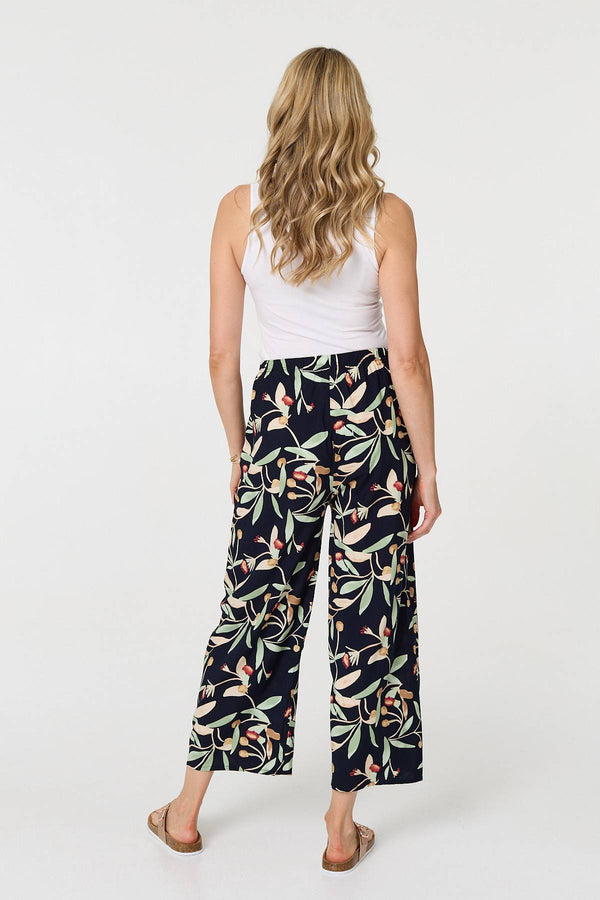 Navy | Leaf Print Tie Waist Wide Leg Trousers