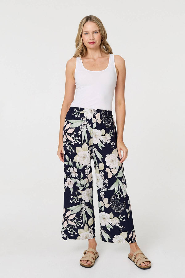 Navy | Floral Tie Waist Wide Leg Trousers