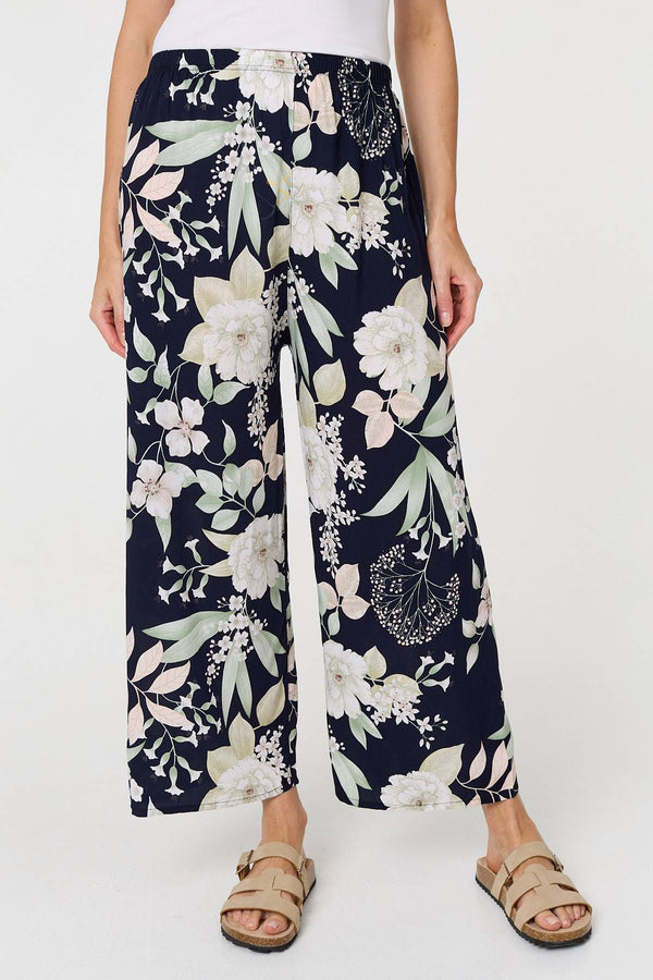 Navy | Floral Tie Waist Wide Leg Trousers